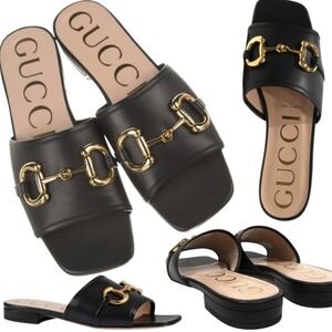 Gucci Horsebit Flat Leather Slide Sandals Black EU 36.5 US 6.5 Style 623111